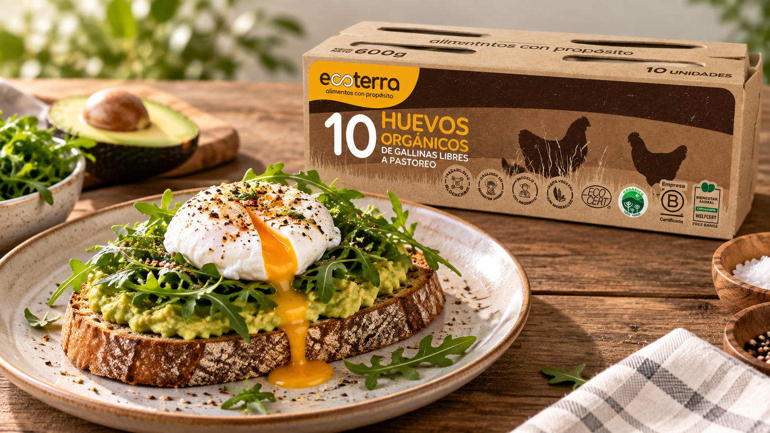 Huevo pochado con yema líquida sobre tostada de palta, hecho con huevos Ecoterra de gallinas libres