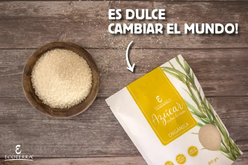 Azúcar rubia de caña orgánica Ecoterra de 400 gramos, sin fertilizantes químicos ni pesticidas.
