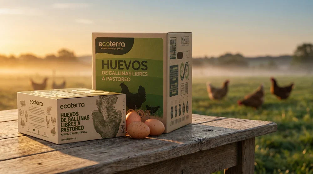 Cajas de huevos de gallinas libres a pastoreo Ecoterra al amanecer en el campo con certificación Certified Humane