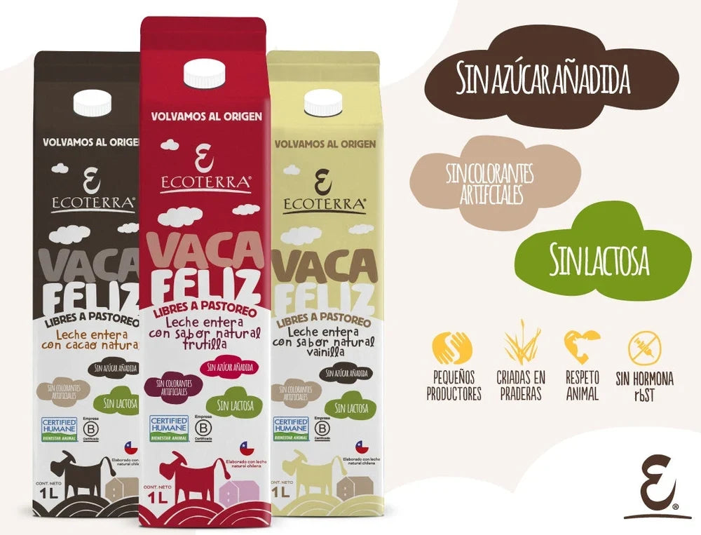 Leche entera sin lactosa saborizada cacao frutilla y vainilla 1L Ecoterra de vacas de libre pastoreo sin azucar anadida Certified Humane.
