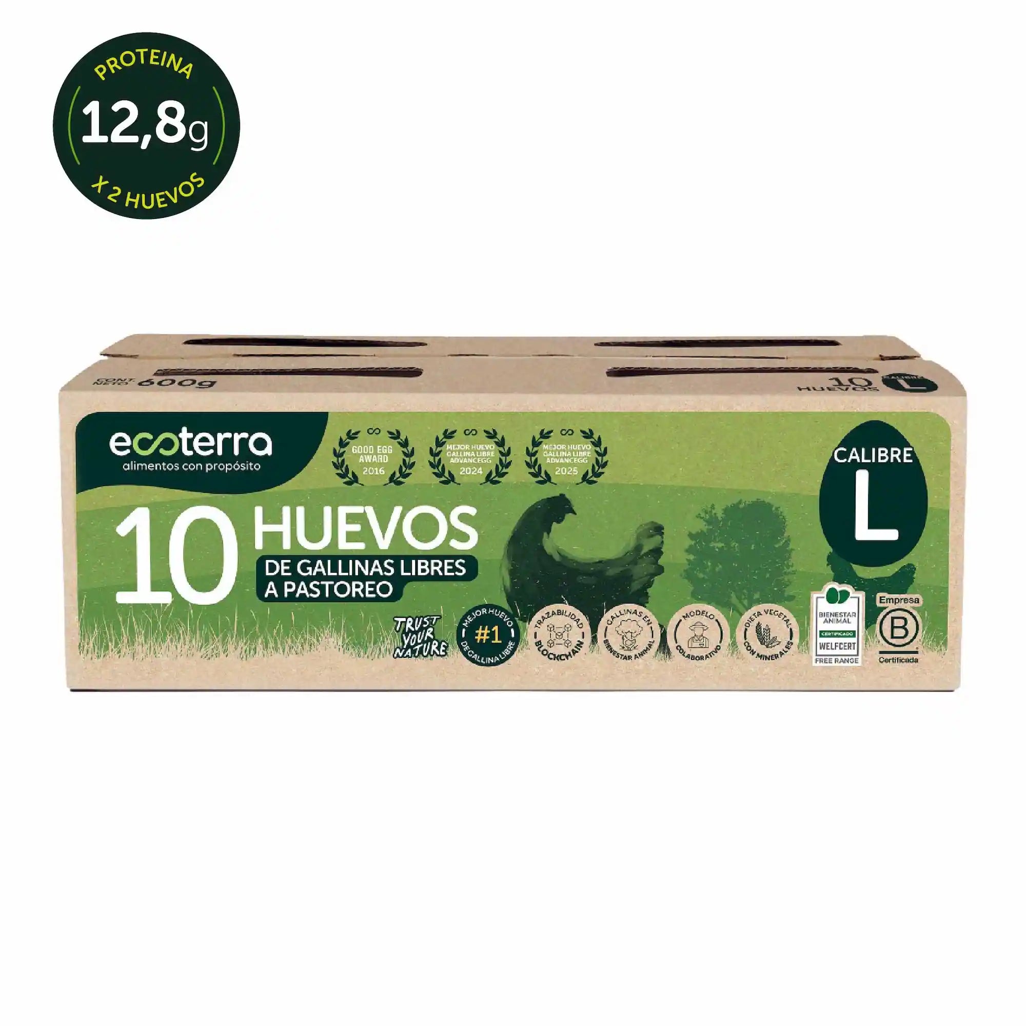 Estuche de 10 huevos de gallinas libres a pastoreo calibre L Ecoterra con 12.8g de proteína, certificación Certified Humane y trazabilidad Blockchain.