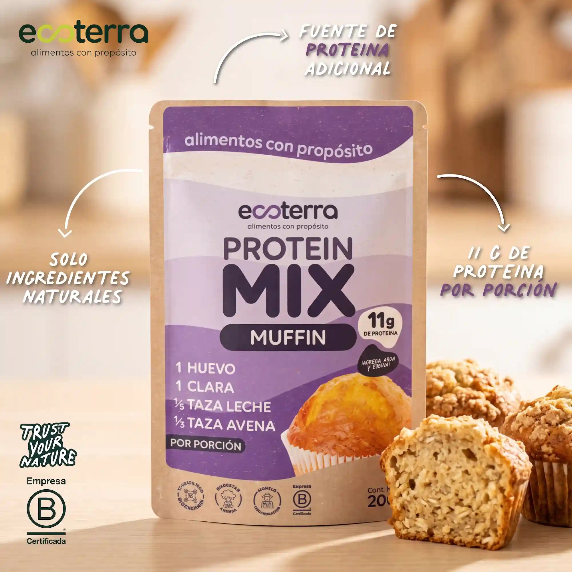 Empaque de mezcla para muffin proteico Ecoterra con 11 gramos de proteína por porción elaborada con ingredientes naturales