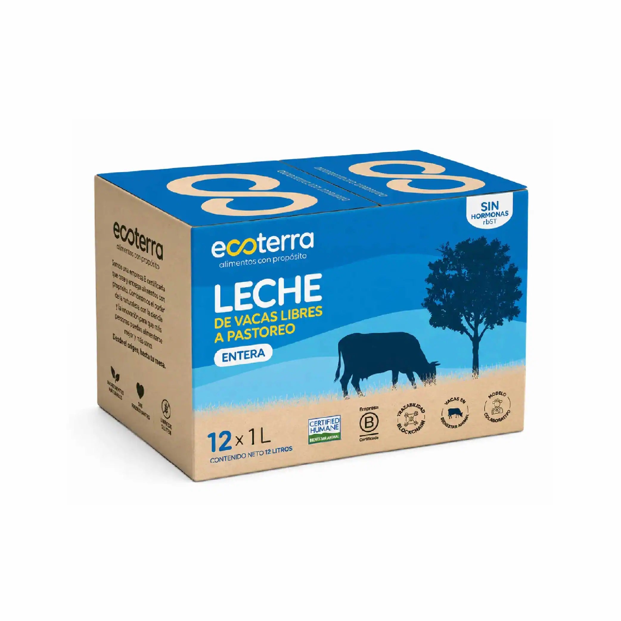Caja de 12 litros de Leche Entera de vacas libres a pastoreo Ecoterra con certificación Certified Humane y trazabilidad Blockchain