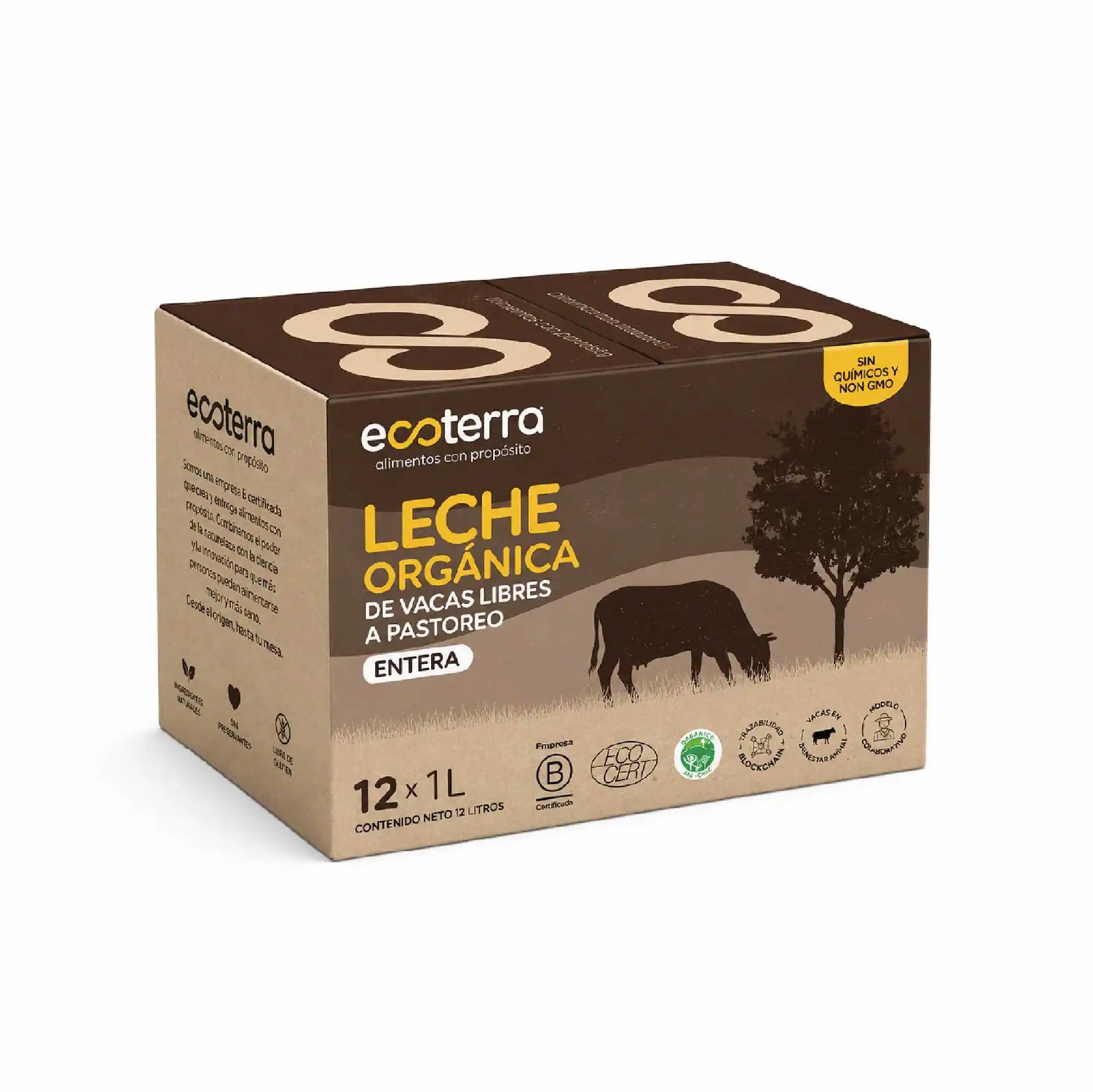 Caja de 12 litros de Leche Orgánica Entera Ecoterra de vacas libres a pastoreo, certificación Certified Humane y trazabilidad por Blockchain.