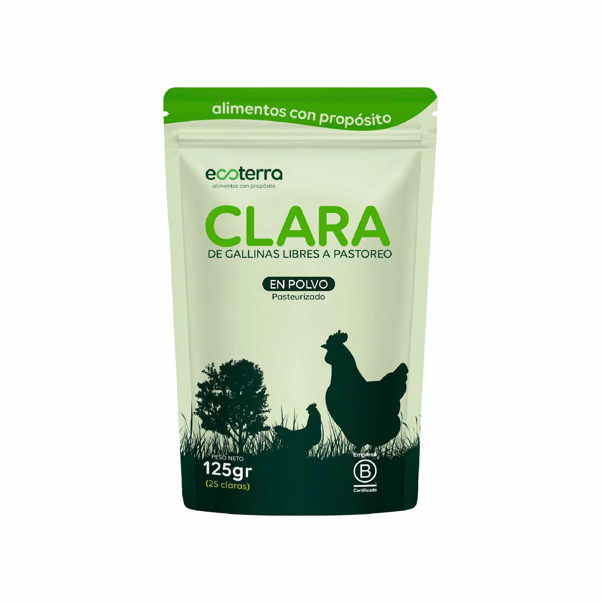 Bolsa de 125g de Clara de Huevo en Polvo Pasteurizada Ecoterra de gallinas libres a pastoreo, equivalente a 25 claras.