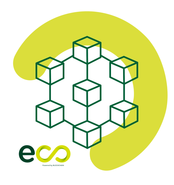 Estructura gráfica de cubos interconectados que representa la trazabilidad inmutable por blockchain y la tecnología del EcoTech Lab de Ecoterra para alimentos orgánicos.