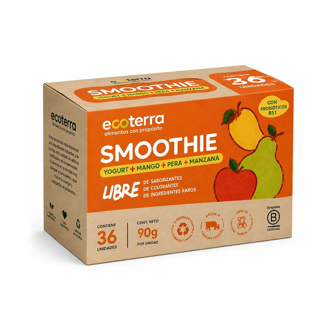 Caja de 36 unidades de Smoothie Ecoterra de yogurt, mango, pera y manzana con probióticos B51, sin aditivos ni colorantes
