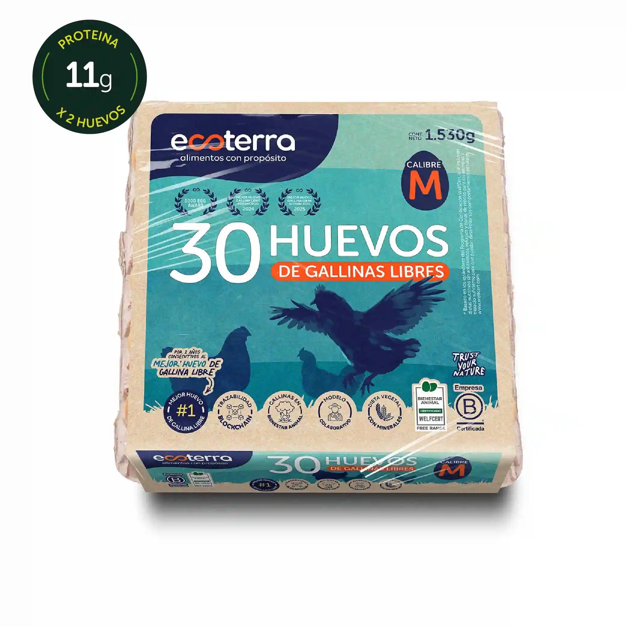 Bandeja de 30 huevos de gallinas libres a pastoreo calibre M marca Ecoterra con 11g de proteína por porción