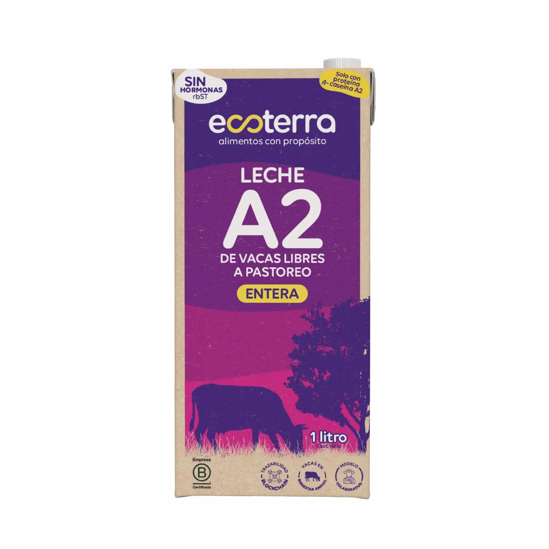 Envase de 1 litro de Leche A2 Entera Ecoterra de vacas libres a pastoreo con proteina beta-caseina A2, certificación Certified Humane y trazabilidad por Blockchain.