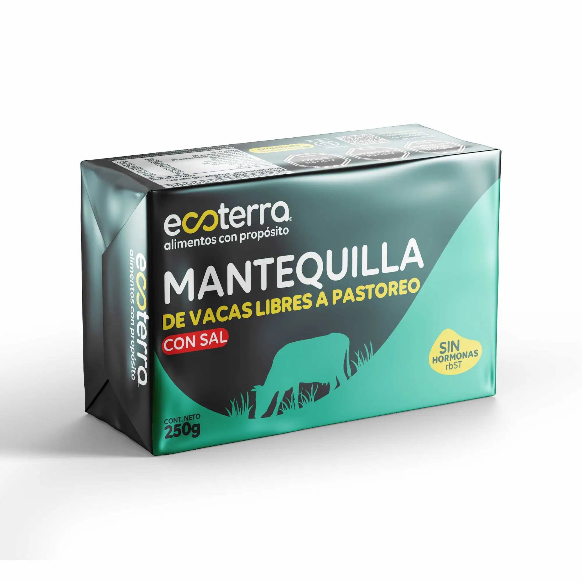 Barra de Mantequilla Ecoterra de vacas libres a pastoreo con sal de 250g, sin hormonas rBST, en empaque verde agua con sello Empresa B Certificada.
