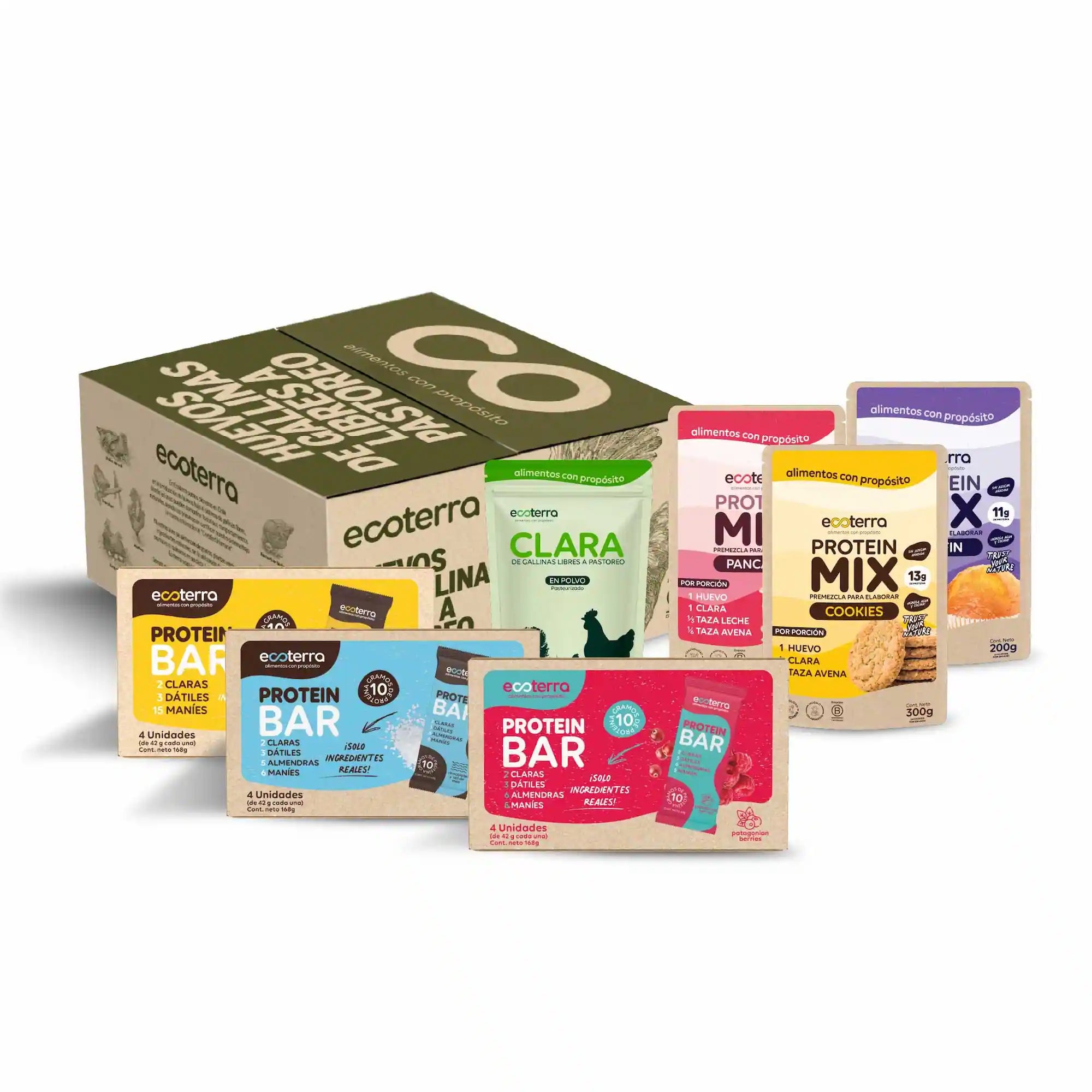 Pack Proteico Ecoterra con 60 huevos de gallinas libres a pastoreo, 3 claras de huevo en polvo, 10 Protein Mix Cookies, 10 Protein Mix Muffin, 10 Protein Mix Pancake, Protein Bar Chocolate Sal de Mar, Protein Bar Maní y Chocolate y Protein Bar Patagonian Berries.