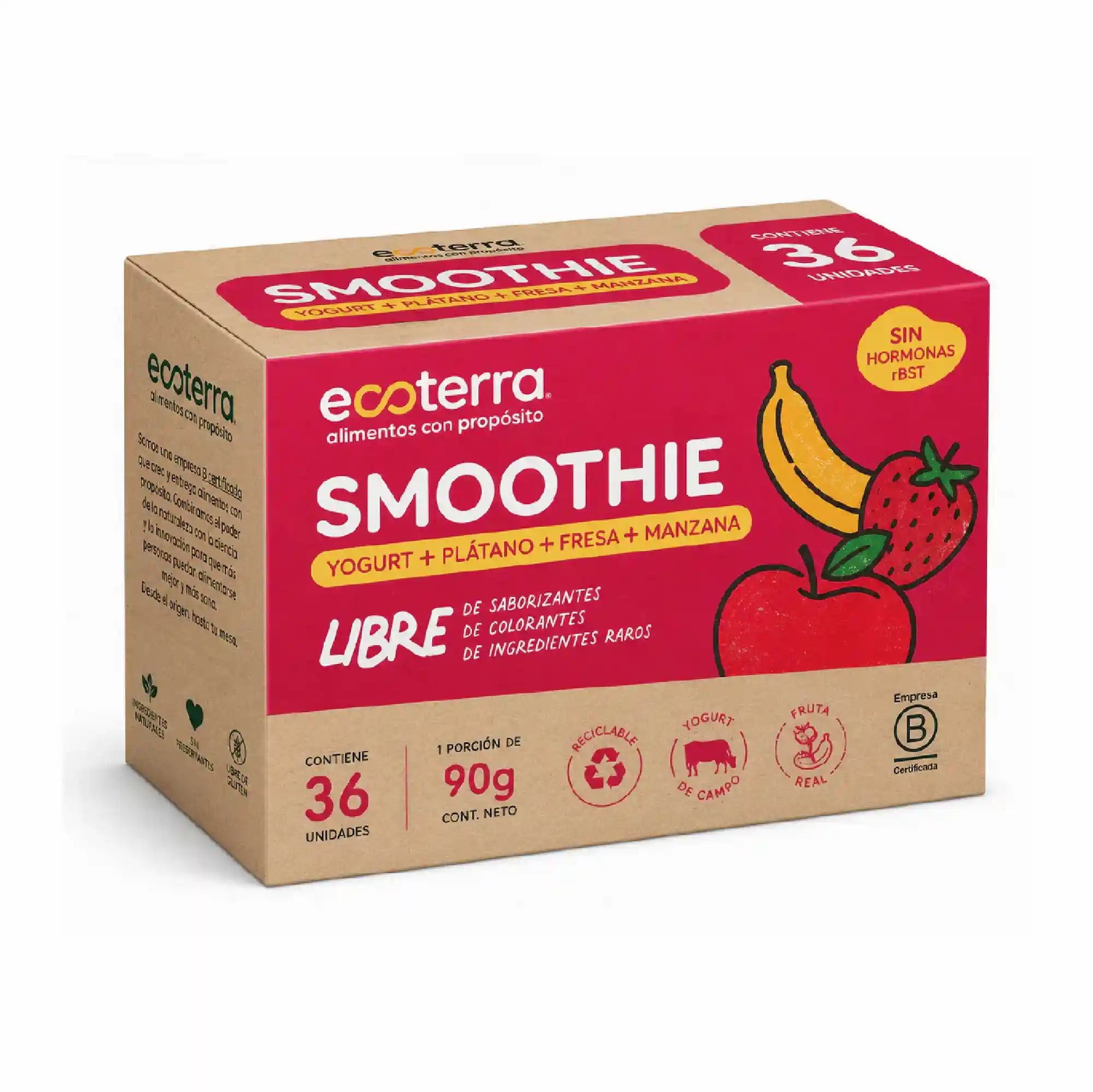 Caja de 36 unidades de smoothie ecoterra sabor frutilla platano y manzana en pouch de 90g libre de colorantes y saborizantes con yogurt natural