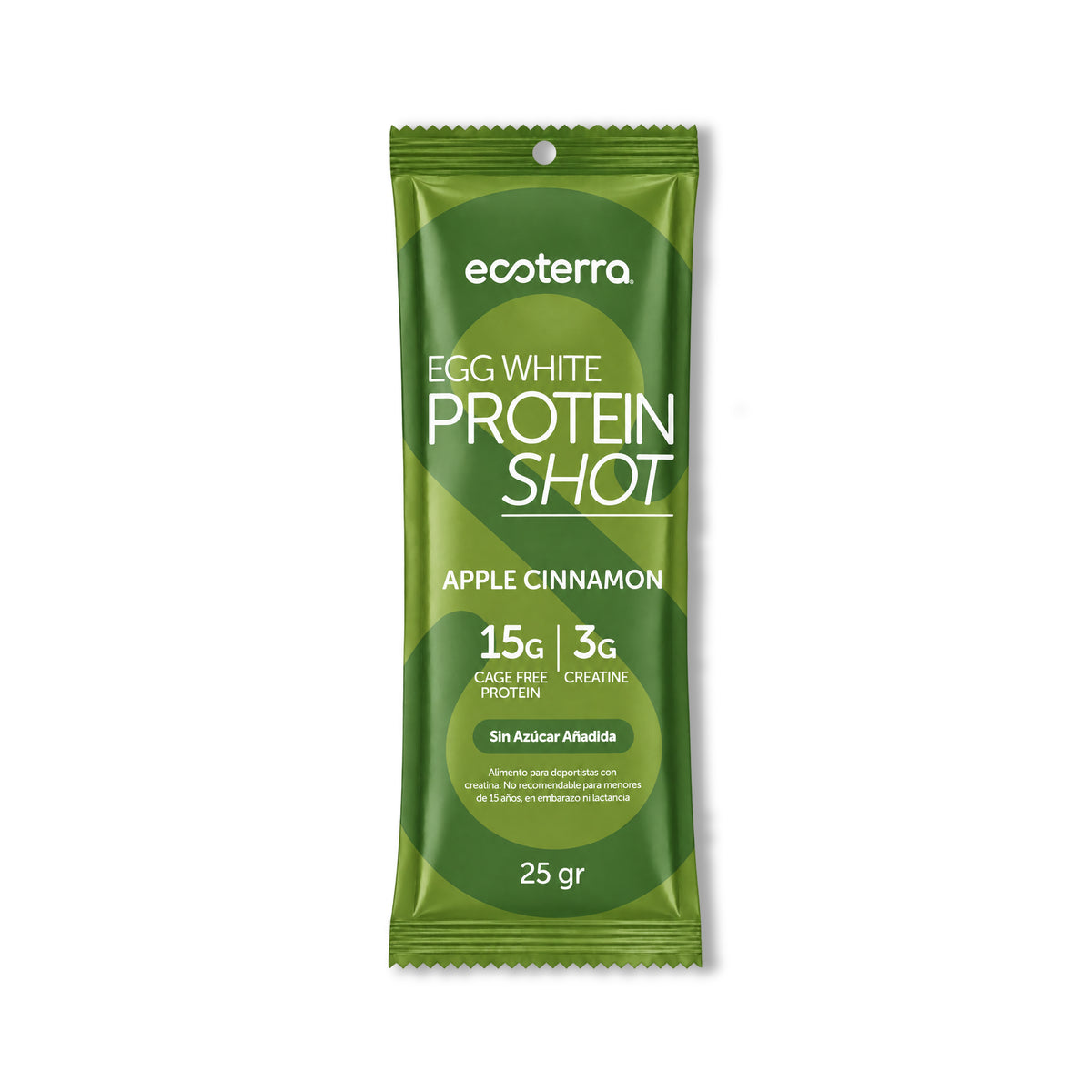 Egg White Protein Shot sabor Manzana Canela Ecoterra de 25 g, con 15 g de proteína y 3 g de creatina