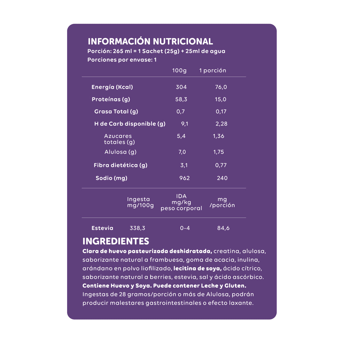 Egg White Protein Shot sabor Berries Ecoterra de 25 g, con 15 g de proteína y 3 g de creatina