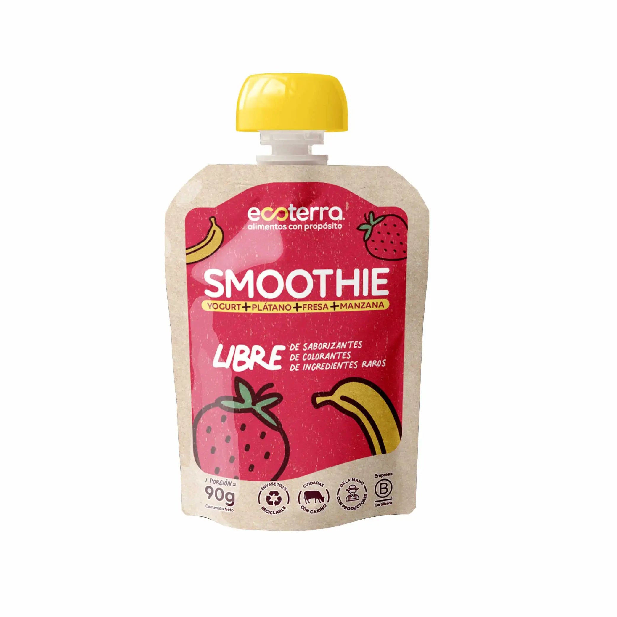 Smoothie ecoterra de frutilla platano y manzana en pouch de 90g con yogurt natural libre de colorantes y saborizantes artificiales