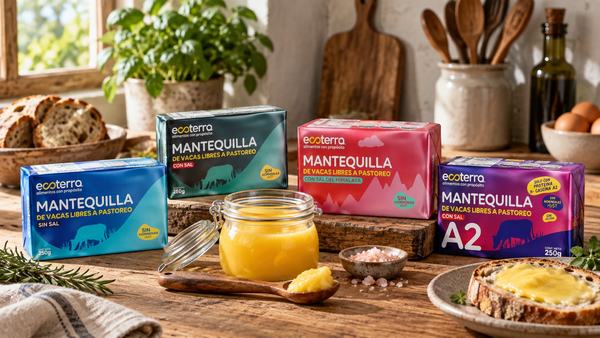 Frasco de vidrio con ghee casero hecho con mantequilla Ecoterra junto a pan tostado