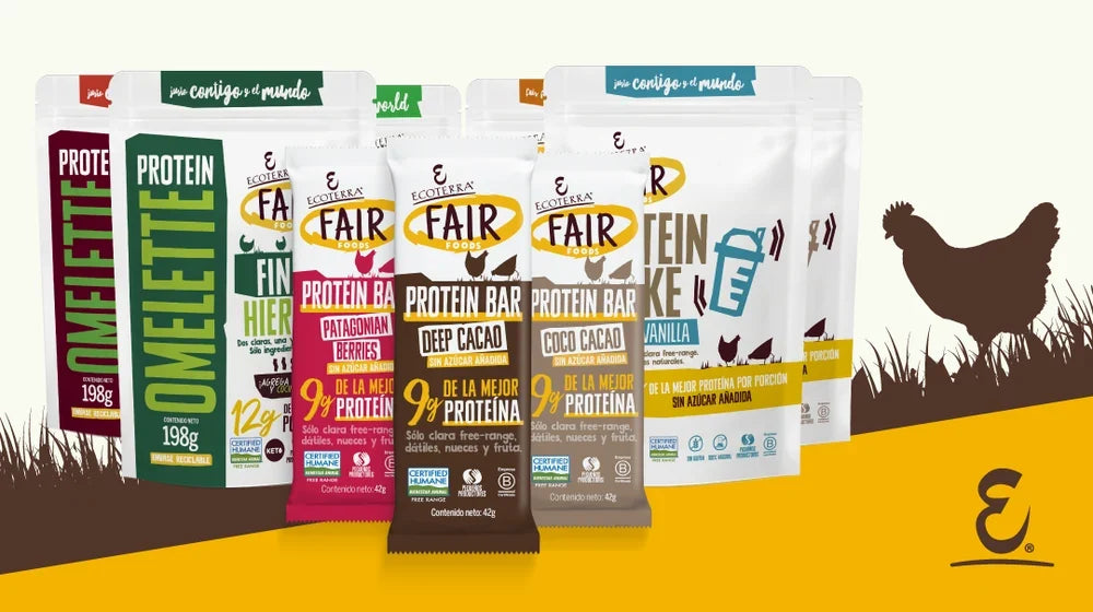 Línea Fair Foods de Ecoterra con barras de proteína, shakes y omelettes a base de proteína de clara de huevo de gallinas libres Certified Humane.