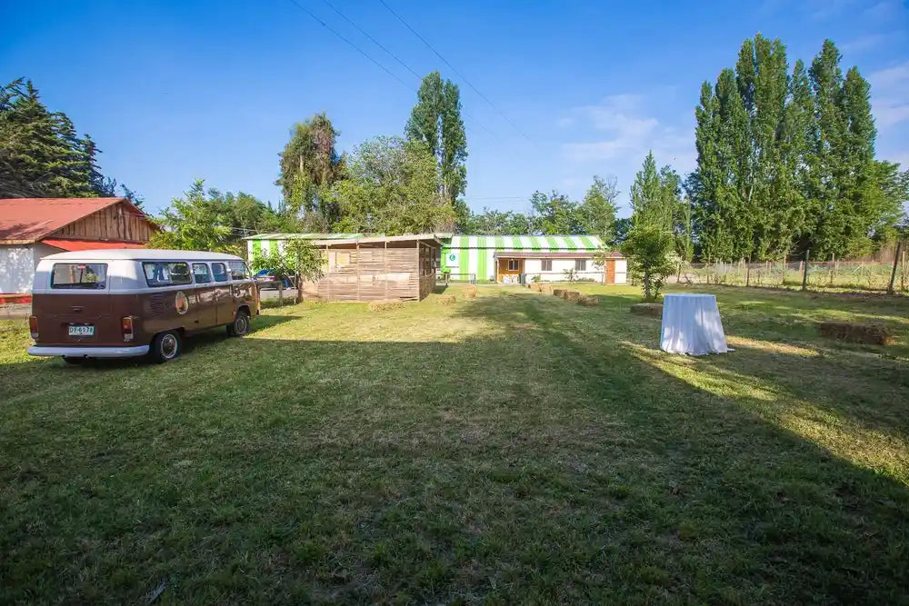 Combi de distribución de Ecoterra estacionada en granja de libre pastoreo en Chile con alpacas y fardos de paja al aire libre.