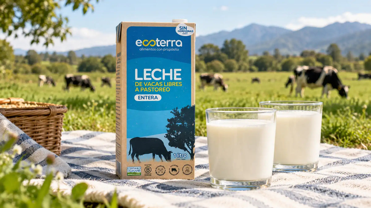 Botella y vasos de leche entera Ecoterra de vacas de libre pastoreo en la pradera