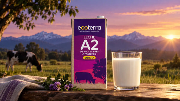 Cartón y vaso de leche A2 entera de libre pastoreo Ecoterra, elaborada con leche de vacas felices en praderas del sur de Chile