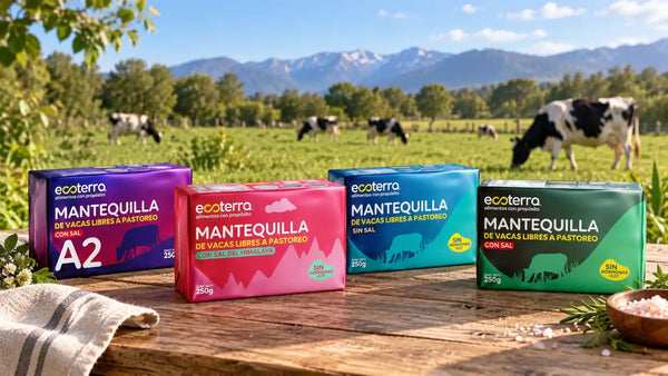 Variedades de mantequilla de libre pastoreo de Ecoterra sobre una mesa de madera con praderas y vacas al fondo en el sur de Chile.