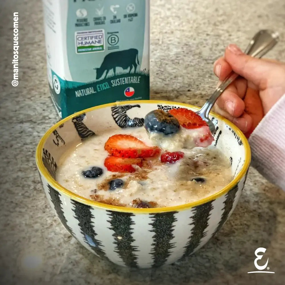 Bowl de avena cremosa con frutos frescos y canela preparado con Leche Ecoterra entera de libre pastoreo con certificación Certified Humane.