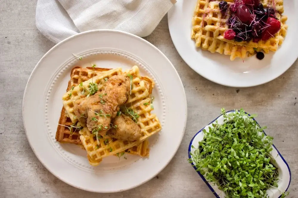 Plato de chicken and waffles crujientes preparados con huevos de campo de gallinas libres Ecoterra y brotes verdes.