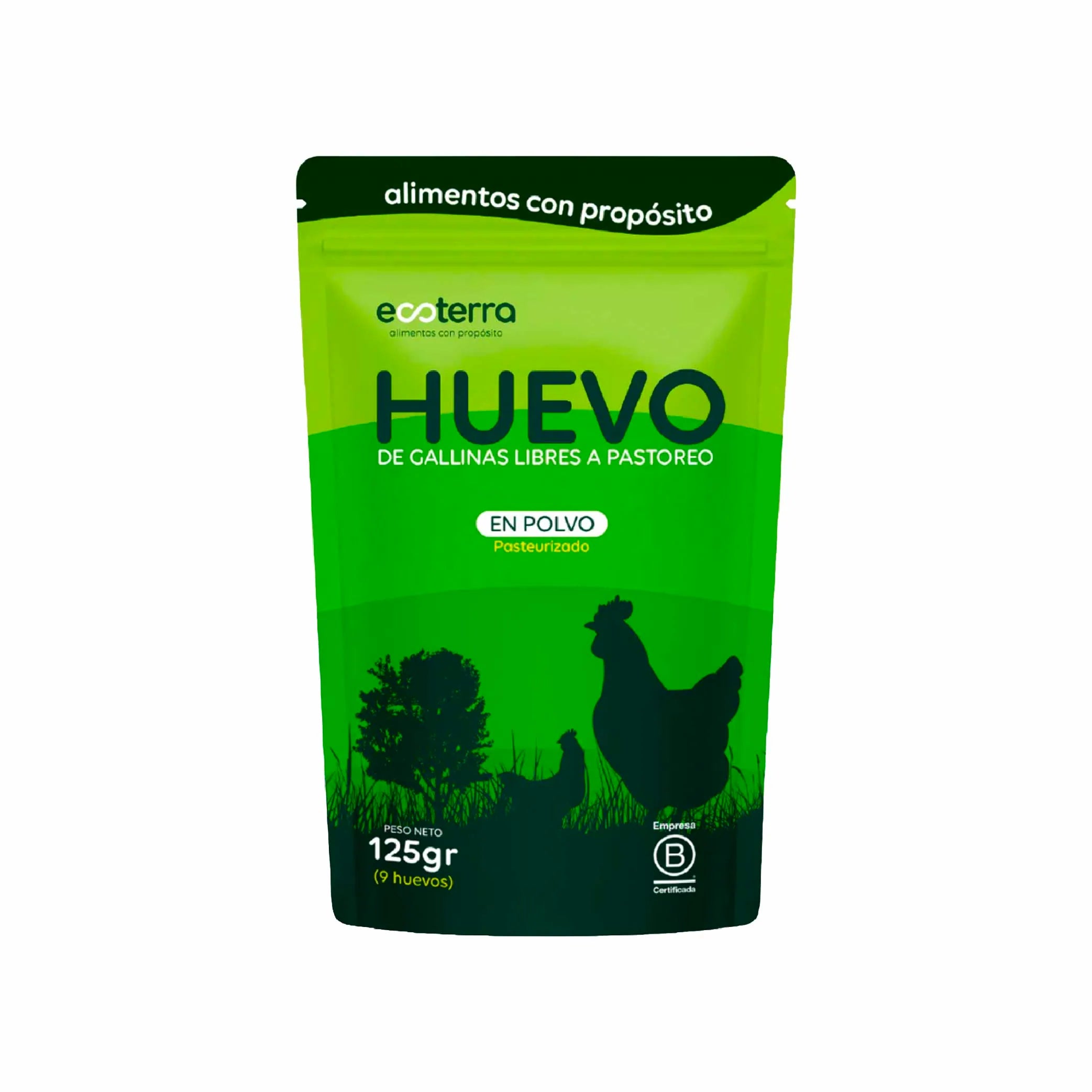 Bolsa de 125g de huevo entero en polvo pasteurizado equivalente a 9 huevos de gallinas libres a pastoreo Ecoterra con certificación Empresa B.