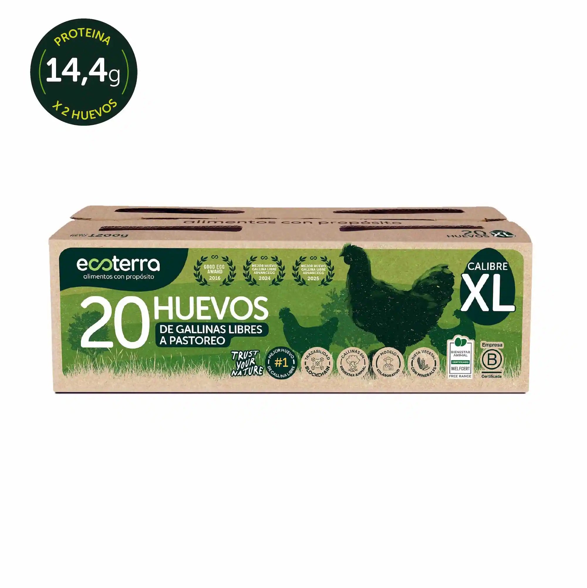 Estuche de 20 huevos de gallinas libres a pastoreo calibre XL Ecoterra con 14.4g de proteína, certificación Certified Humane y trazabilidad Blockchain.