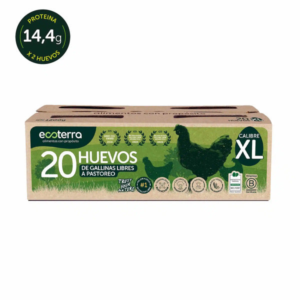 Estuche de 20 huevos de gallinas libres a pastoreo calibre XL Ecoterra con 14.4g de proteína, certificación Certified Humane y trazabilidad Blockchain.