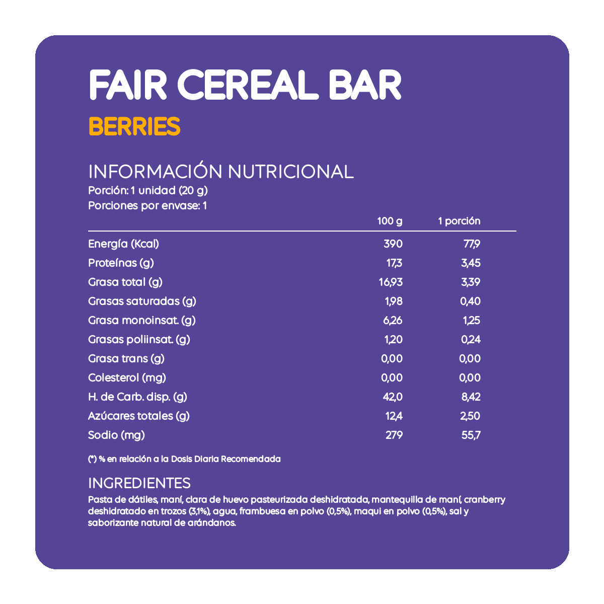 Barra Probiótica Berries 20 g - Ecoterra