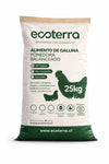 Saco de 25kg de alimento para gallinas ponedoras balanceado Ecoterra, 100% vegetal, alto en proteína y libre de antibióticos para favorecer la postura saludable de huevos.