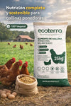 Saco de 25kg de alimento balanceado para gallinas ponedoras Ecoterra, nutrición 100% vegetal, libre de antibióticos y con certificación Empresa B