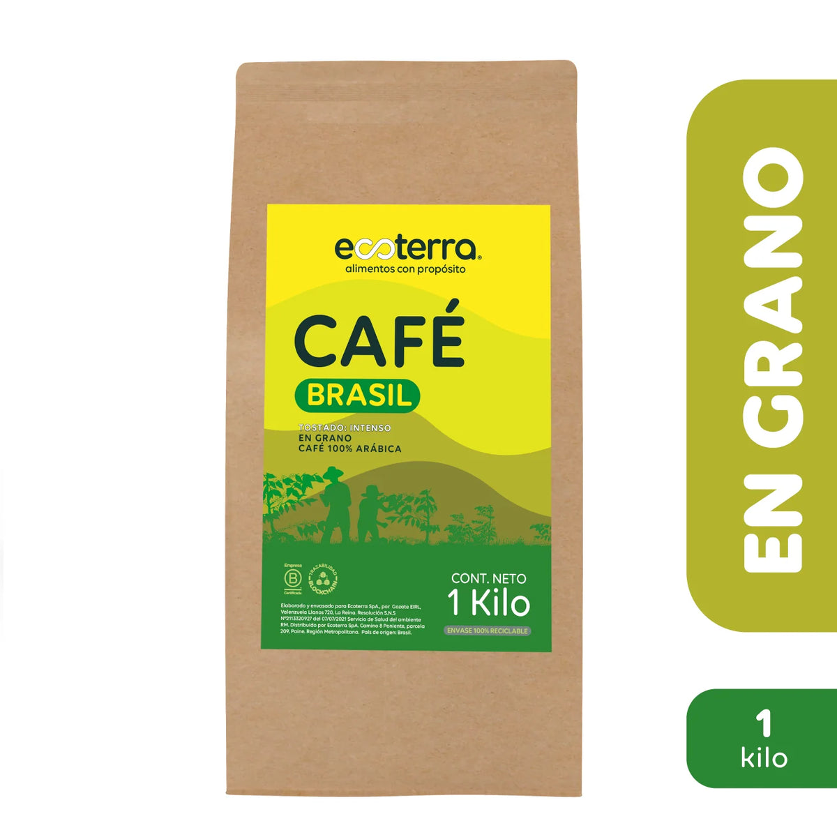 Bolsa de Café Brasil en grano 1kg tostado intenso 100 por ciento Arábica Ecoterra con trazabilidad Blockchain y envase reciclable