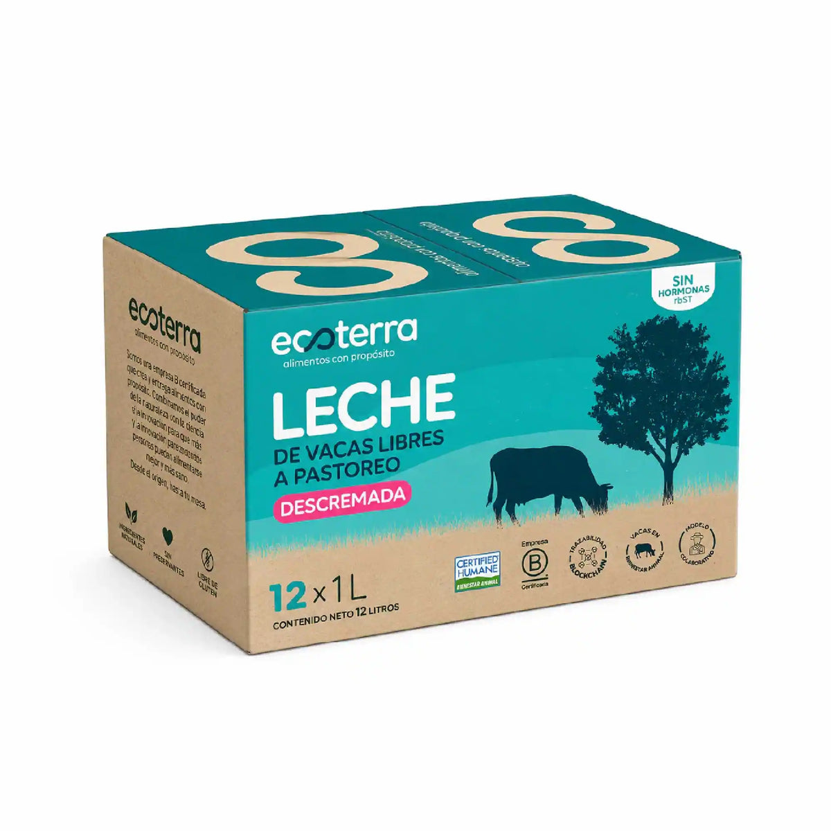 Caja de 12 litros de Leche Descremada de vacas libres a pastoreo Ecoterra sin hormonas rBST con certificación de Bienestar Animal y Comercio Justo.