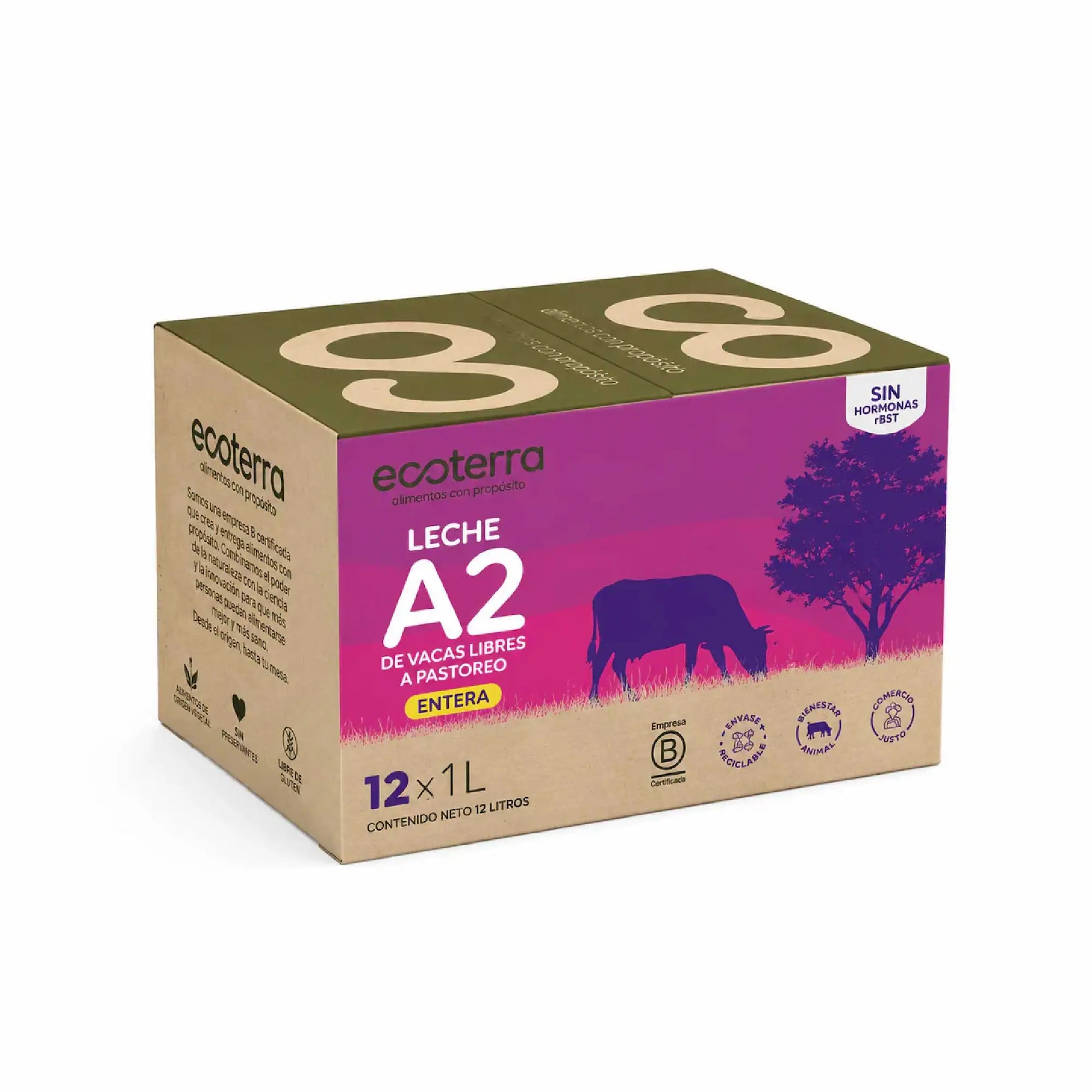 aja de 12 litros de Leche A2 entera de vacas libres a pastoreo Ecoterra sin hormonas rBST con certificación de Bienestar Animal y Comercio Justo.