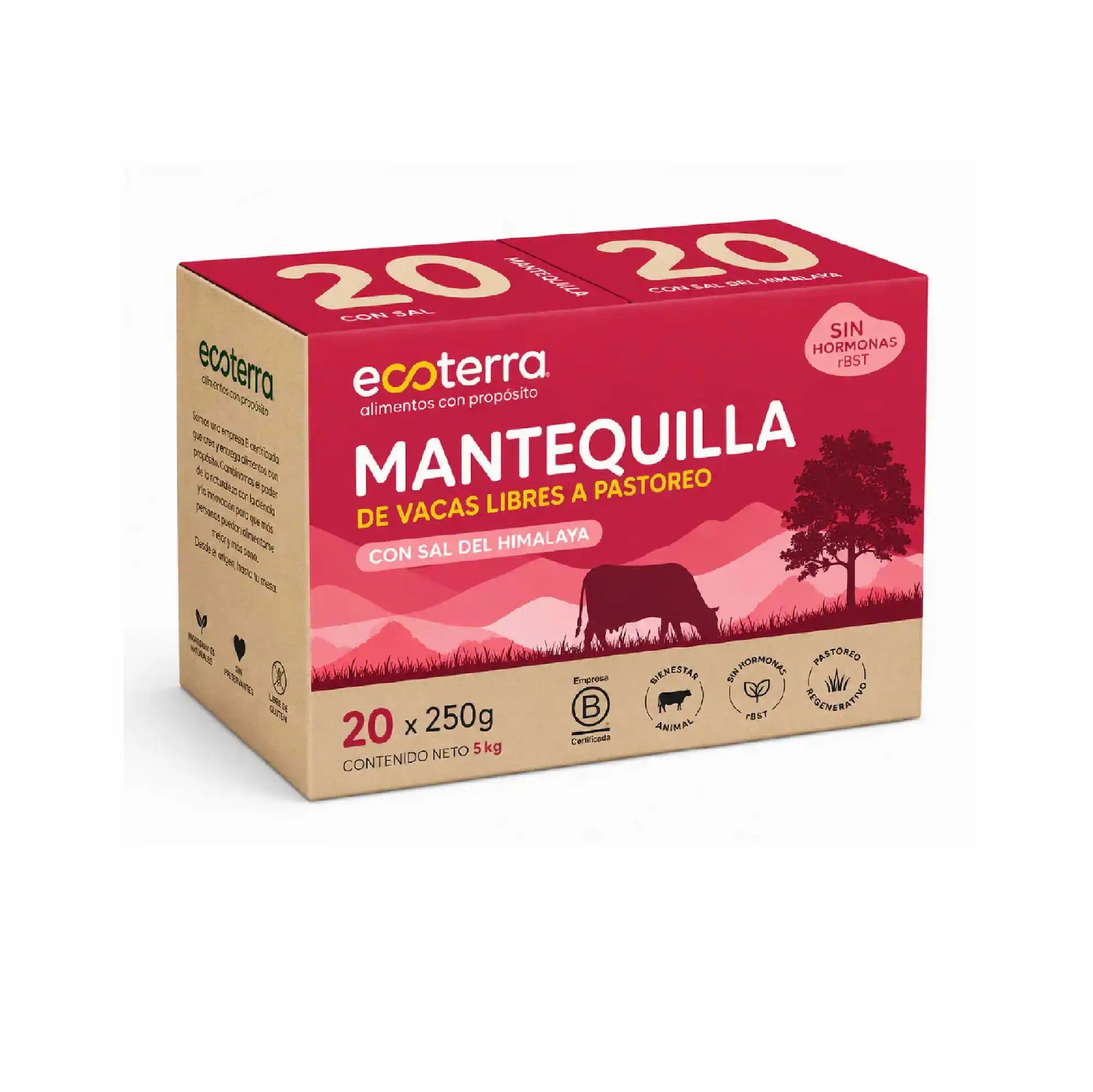 Caja máster de 20 unidades de Mantequilla Ecoterra de vacas libres a pastoreo con sal del Himalaya de 250g cada una, libre de hormonas rBST, con certificación Empresa B y sello de pastoreo regenerativo.
