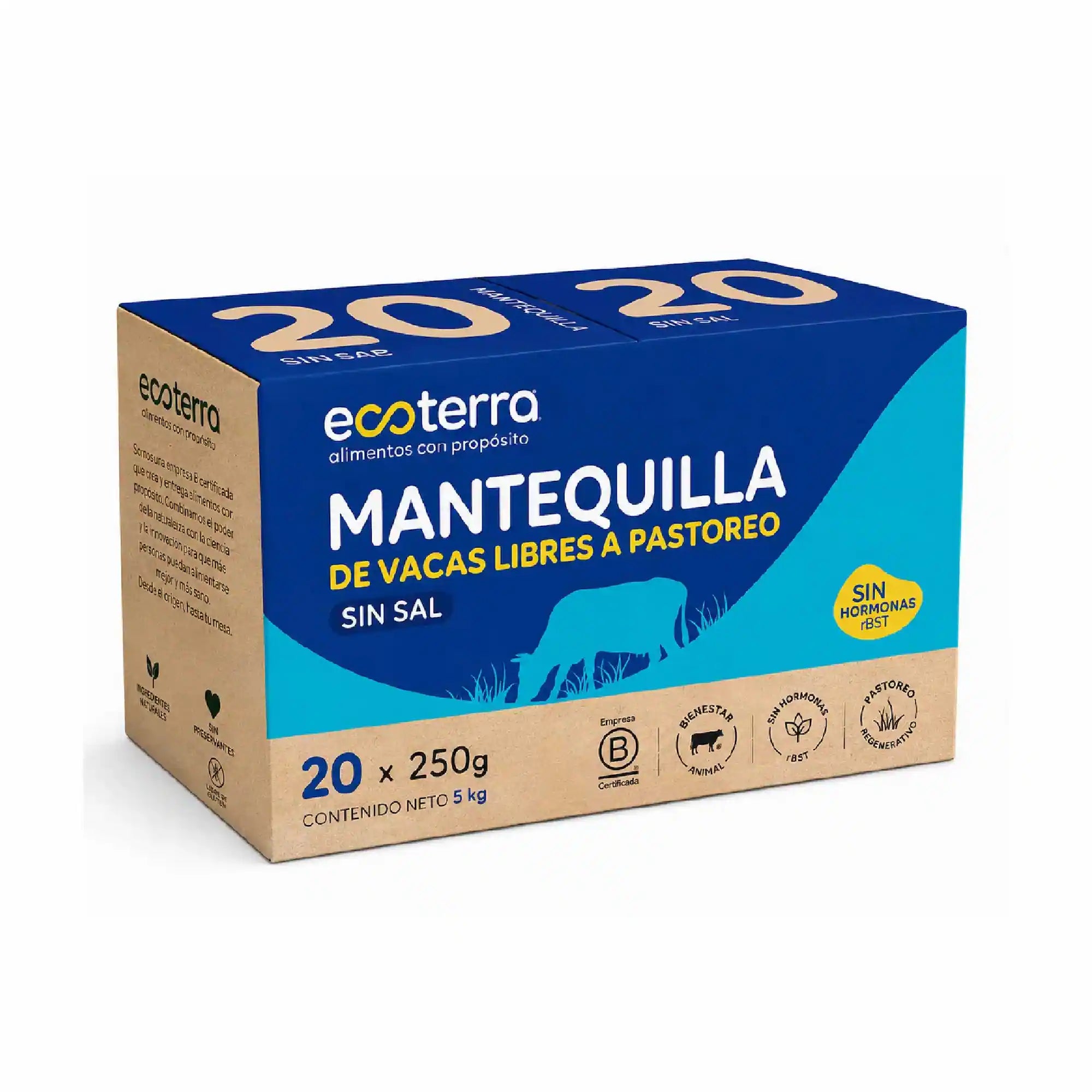 Caja al por mayor con 20 unidades de Mantequilla Ecoterra sin sal de 250g (5kg total) de vacas libres a pastoreo, certificación Empresa B y bienestar animal, sin hormonas rBST.
