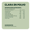 Tabla de información nutricional de la Clara de Huevo en Polvo Ecoterra de 125g mostrando 16,2g de proteína, 76,4 Kcal y 0g de grasa total por porción de 2 cucharadas.