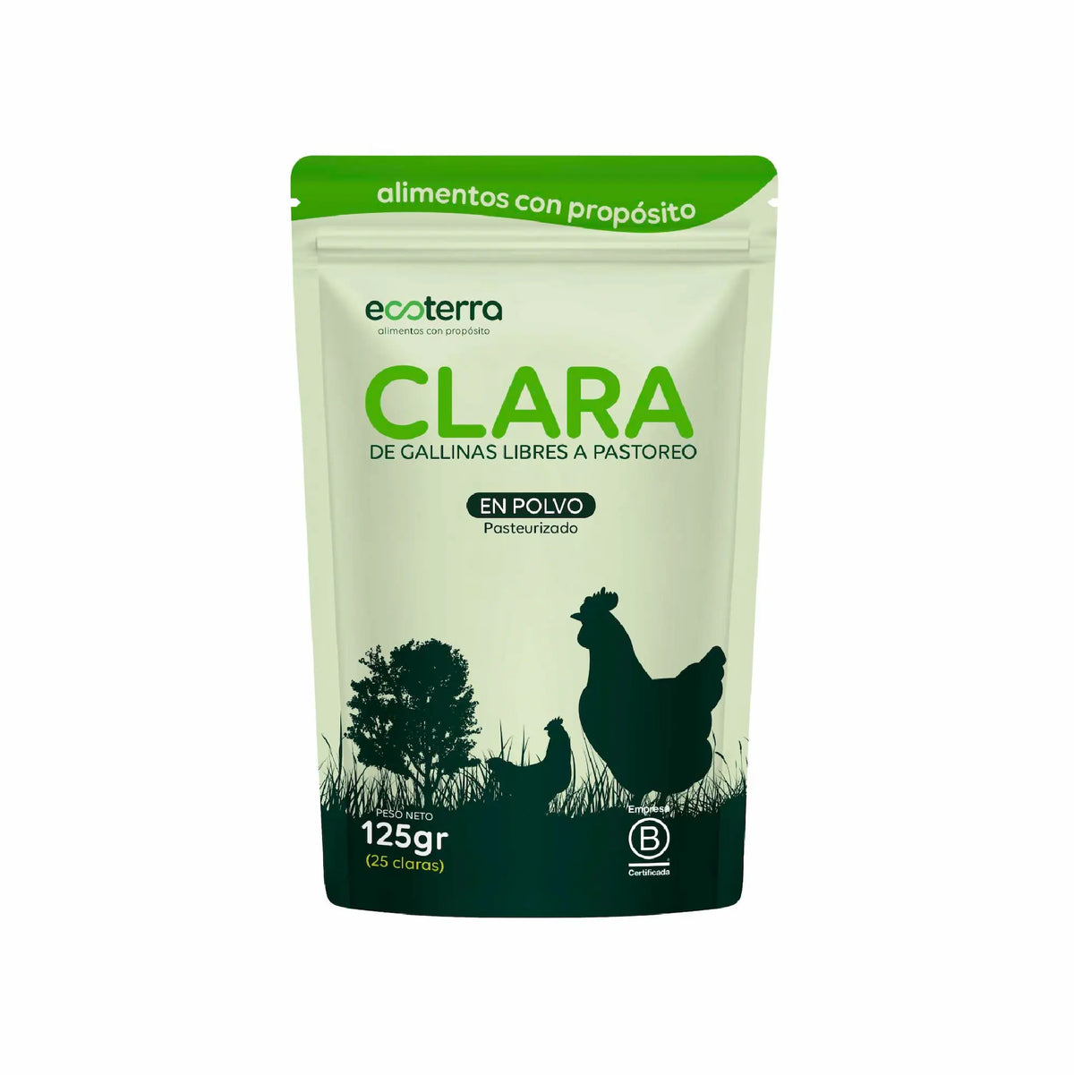 Bolsa de 125g de Clara de Huevo en Polvo Pasteurizada Ecoterra de gallinas libres a pastoreo, equivalente a 25 claras.