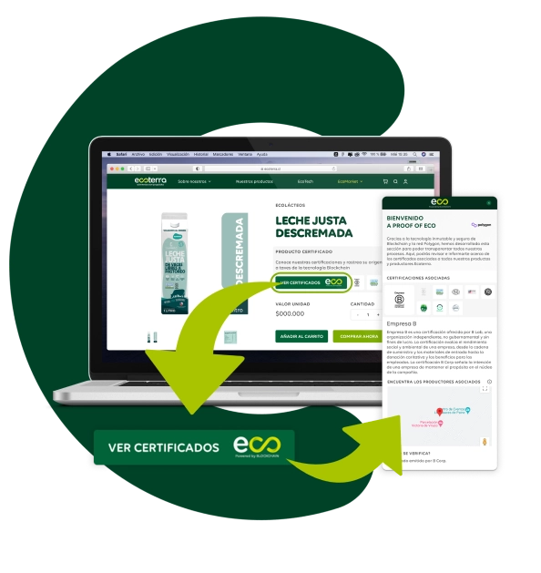 Visualización de la plataforma digital y móvil de Ecoterra interactuando con la trazabilidad por blockchain y los certificados de calidad orgánica.