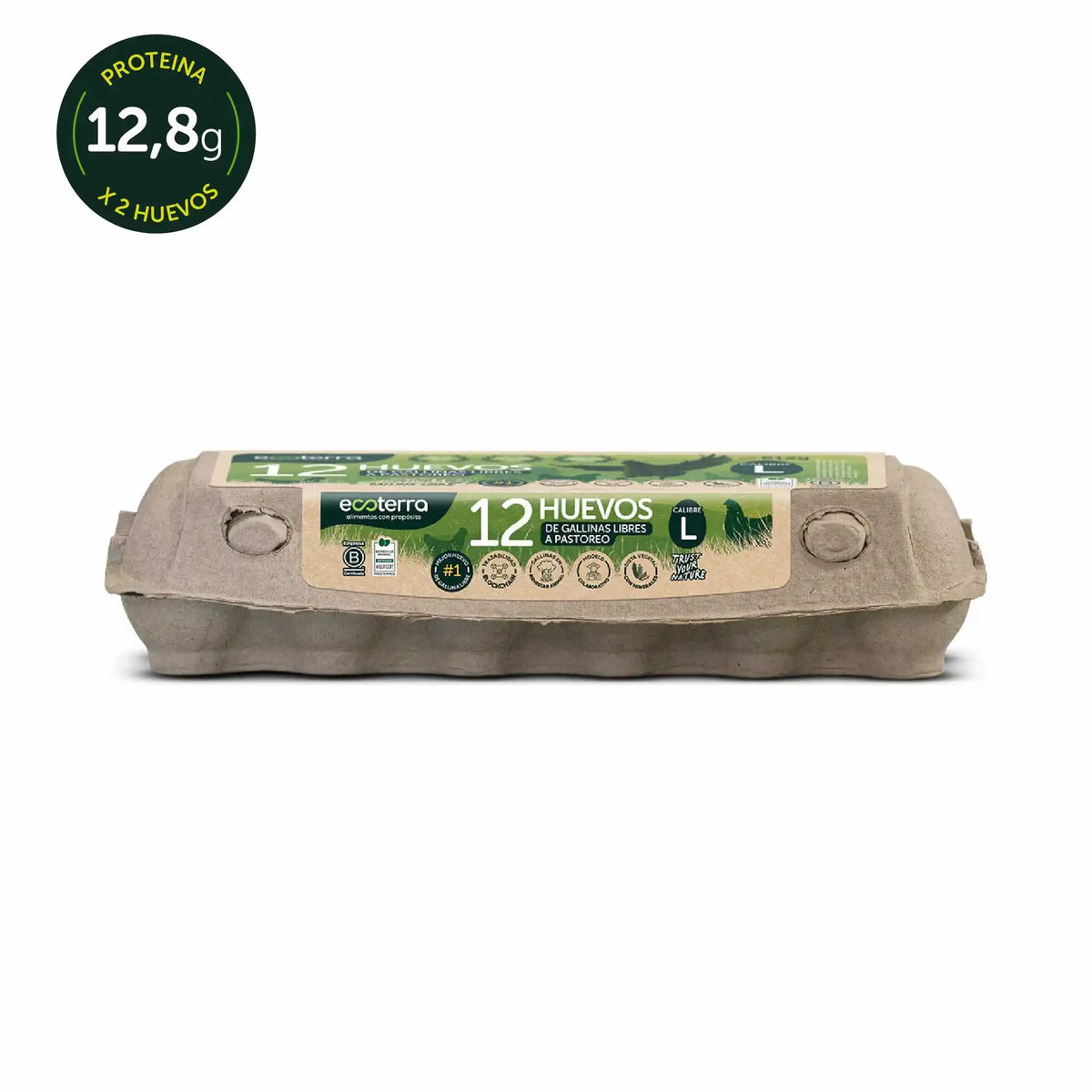 Estuche de 12 huevos de gallinas libres a pastoreo calibre L marca Ecoterra con 12.8g de proteína
