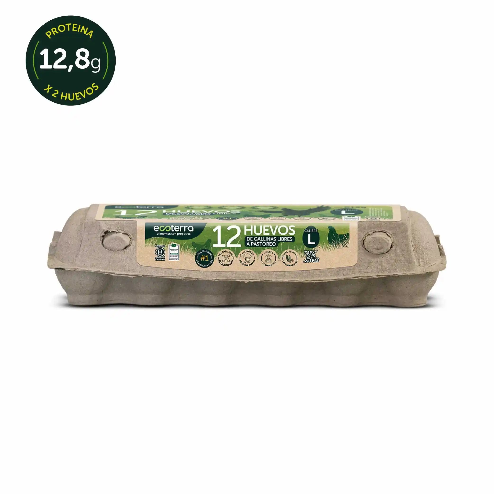 Estuche de 12 huevos de gallinas libres a pastoreo calibre L marca Ecoterra con 12.8g de proteína