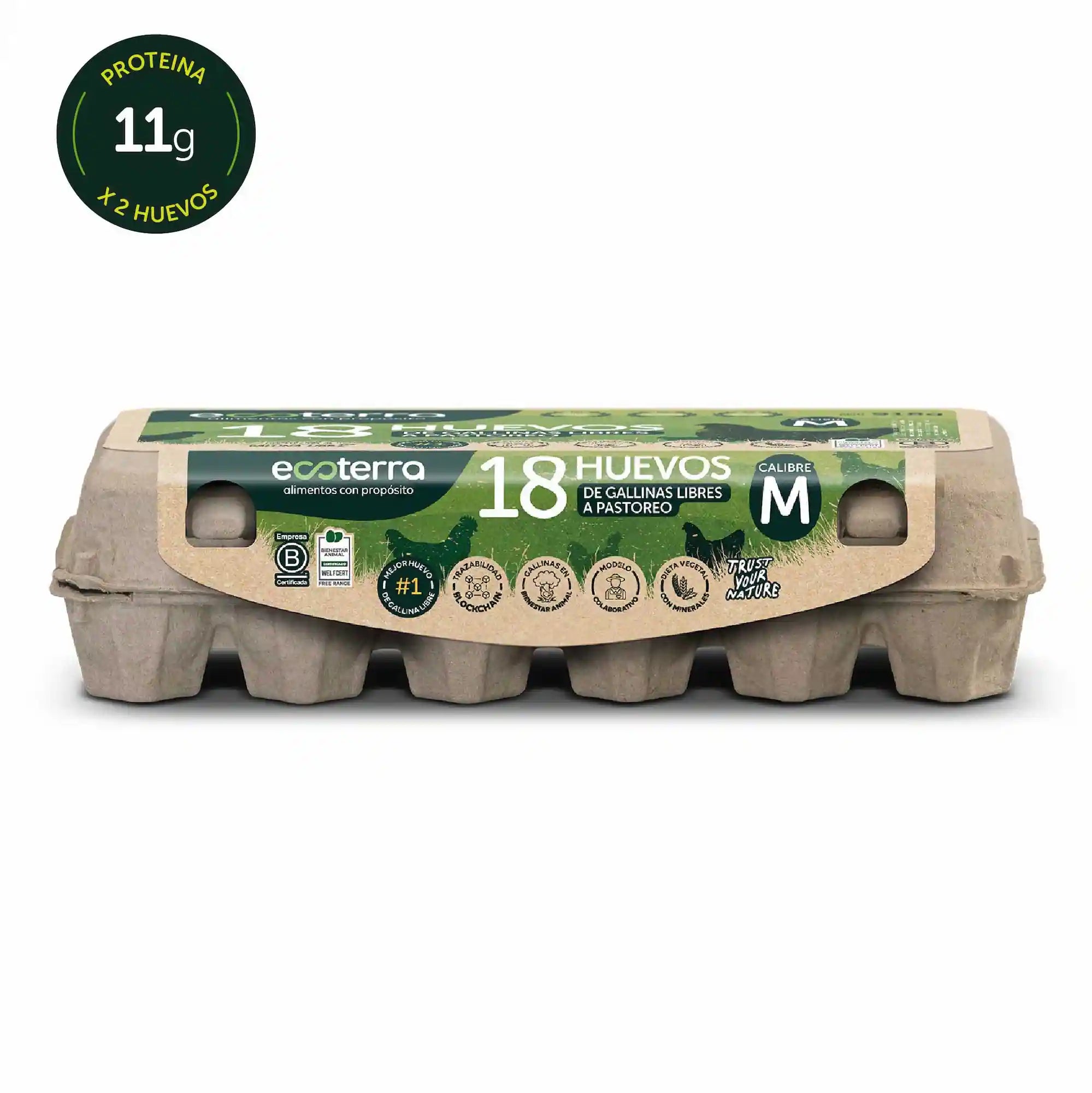 Estuche de 18 huevos de gallinas libres a pastoreo calibre M marca Ecoterra con 11g de proteína