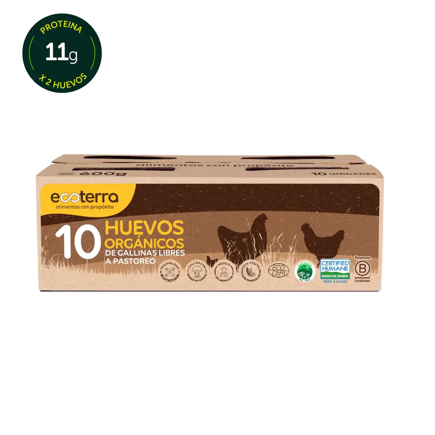 Caja de 10 huevos orgánicos de gallinas libres a pastoreo Ecoterra con 11g de proteína por cada 2 huevos y certificaciones EcoCert y Certified Humane.
