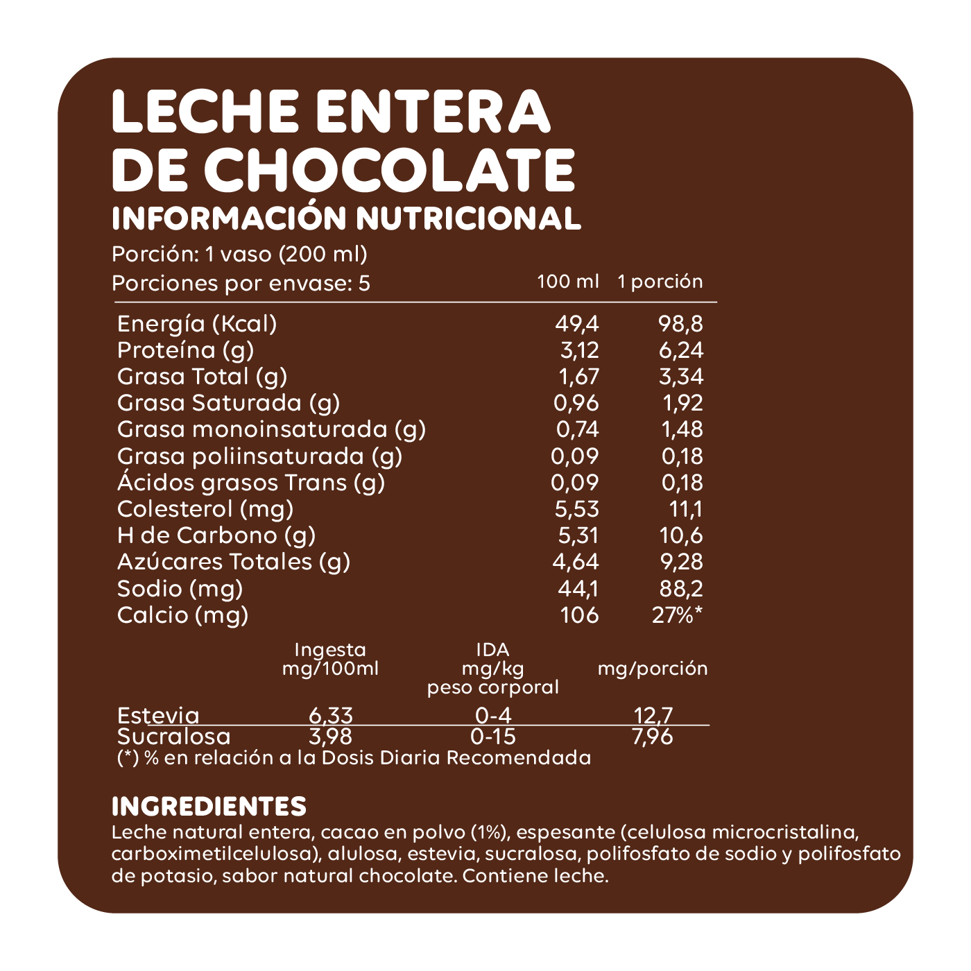 1 Lt - Leche Entera Cacao Ecoterra
