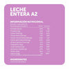Tabla de información nutricional de la Leche A2 Entera Ecoterra de vacas libres a pastoreo, detallando 126 Kcal, 6,49g de proteína y 29% de la dosis diaria de calcio por vaso de 200 ml.