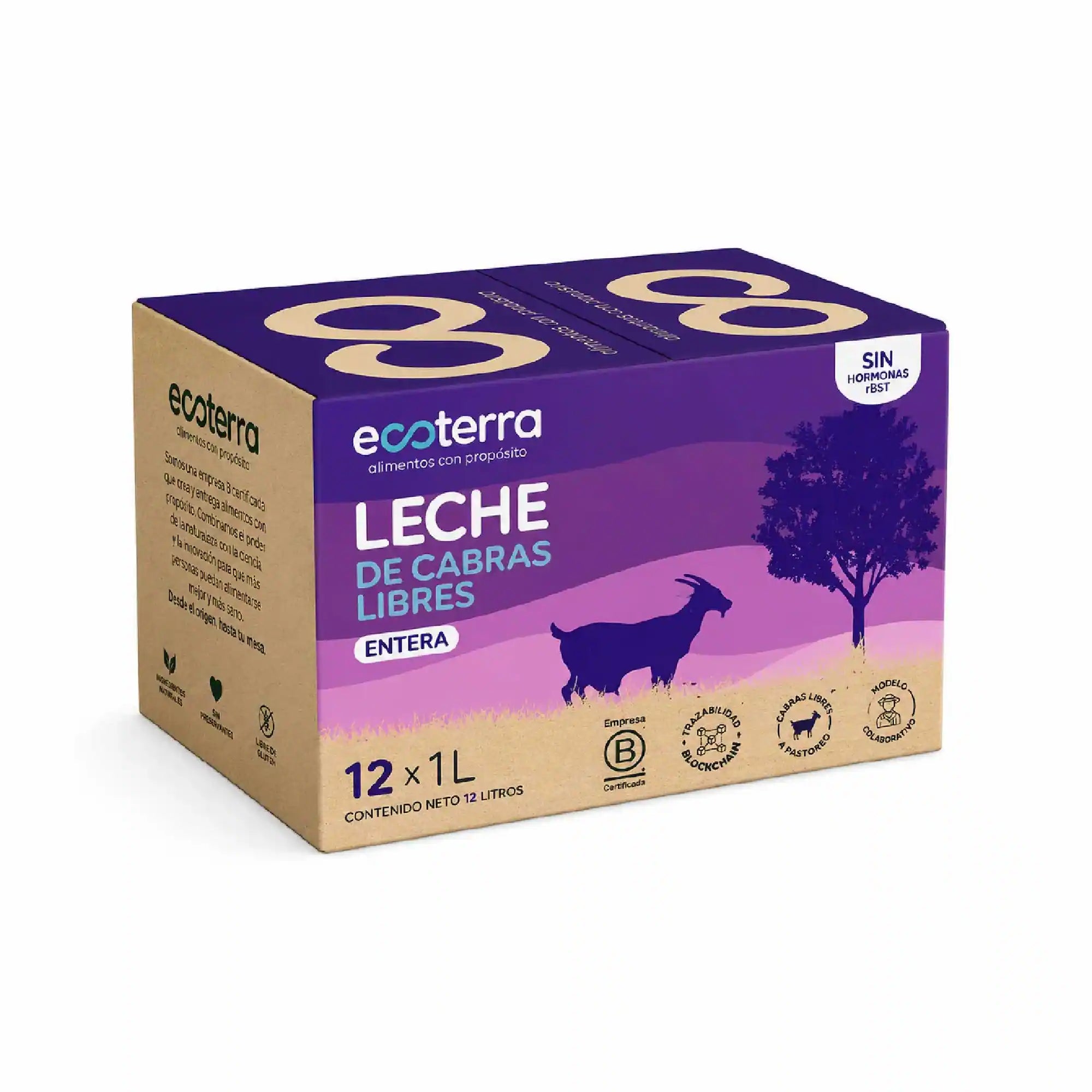 Caja de 12 litros de Leche de Cabras Libres Entera Ecoterra 1L, sin hormonas rBST, libre de gluten, con certificación Empresa B y trazabilidad Blockchain.