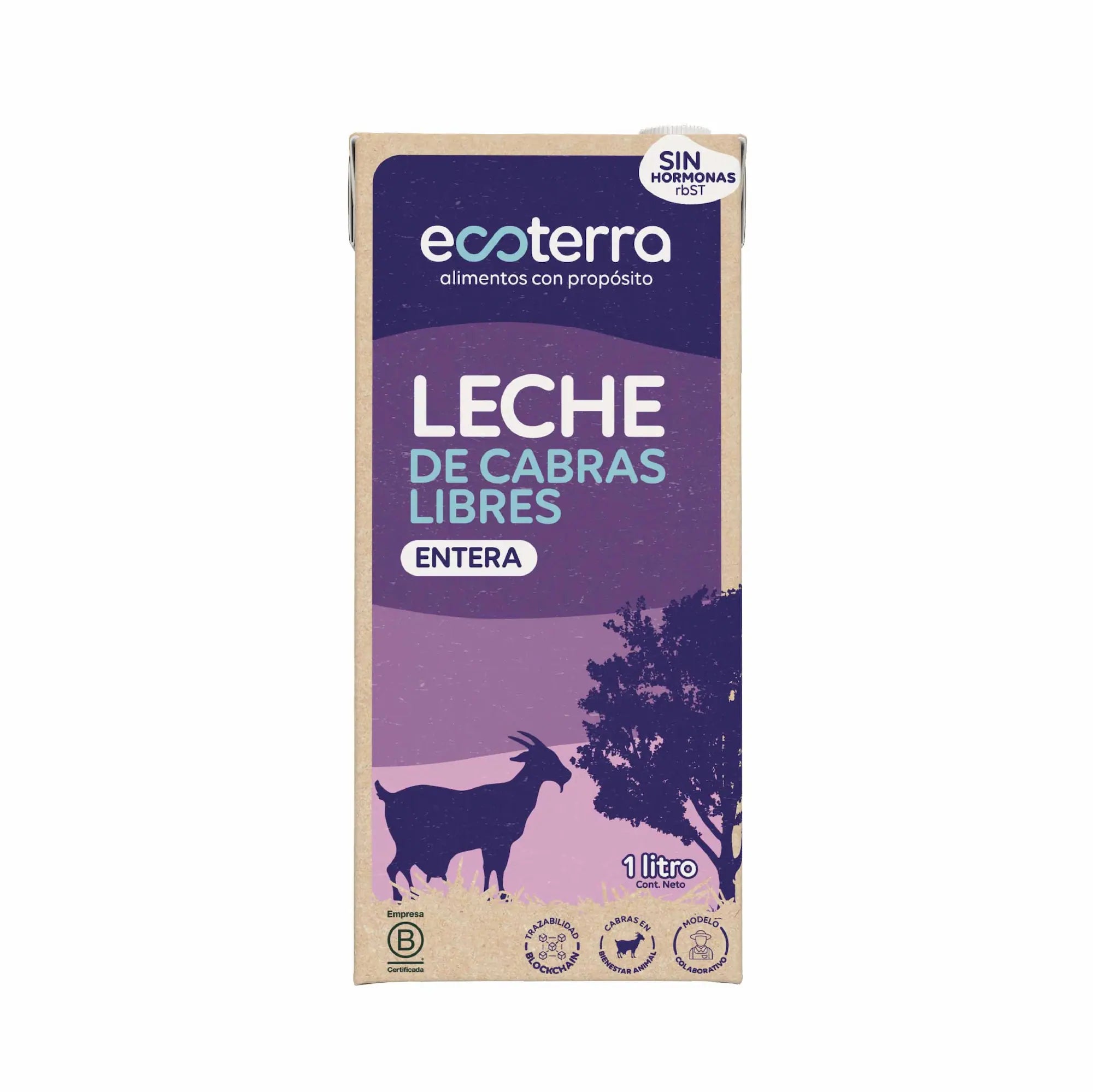 Envase de 1 litro de Leche de Cabra Entera Ecoterra de cabras libres a pastoreo con certificación Certified Humane y trazabilidad por Blockchain, tetrapak