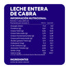 Tabla de información nutricional de la Leche Entera de Cabra Ecoterra de cabras libres a pastoreo, detallando 143 Kcal, 7,33g de proteína y 35% de la dosis diaria de calcio por vaso de 200 ml.